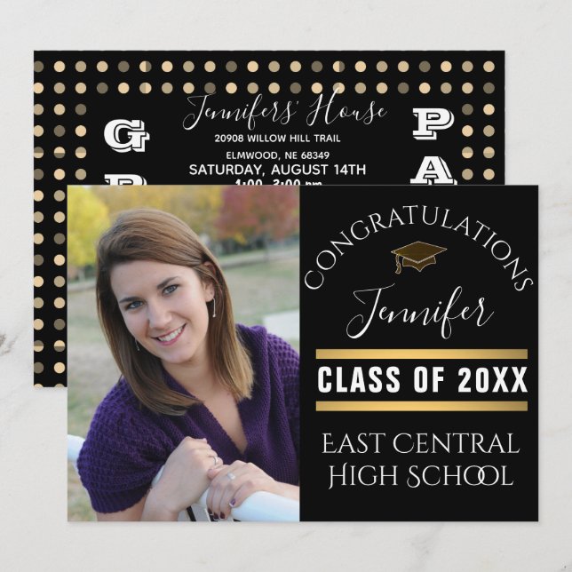 Black Gold Dot Senior Photo High School Graduation Invitation (Front/Back)