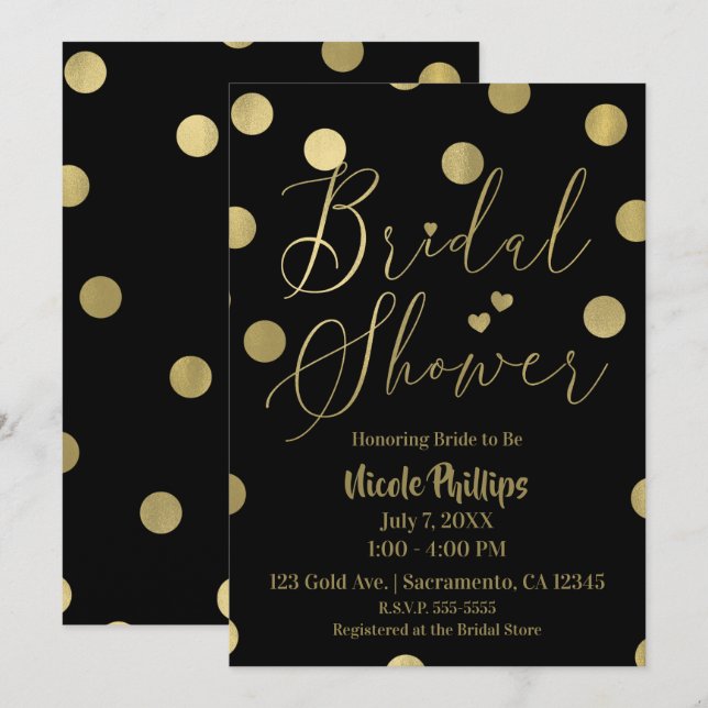 Black & Gold Dots Modern Glam Bridal Shower Invitation (Front/Back)