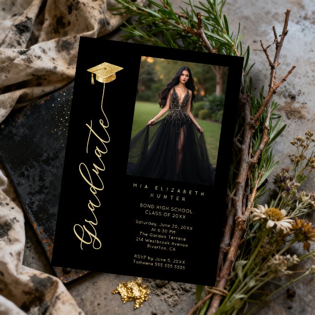 Black & Gold Dramatic Grad Cap Photo & Calligraphy Invitation (Sophisticated Dramatic Black and Faux Gold Effect Graduation Invitation with Photo and Graduate Cap )