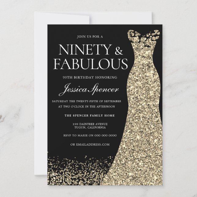 Black Gold Dress Ninety & Fabulous 90th Birthday Invitation (Front)