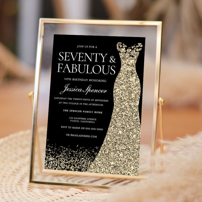 Black Gold Dress Seventy & Fabulous 70th Birthday Invitation (Creator Uploaded)