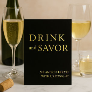 Black & Gold Drink & Savour Wedding Bar Sign Foil  Holiday Card