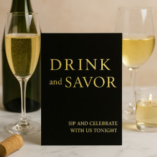 Black & Gold Drink & Savour Wedding Bar Sign Foil  Holiday Card