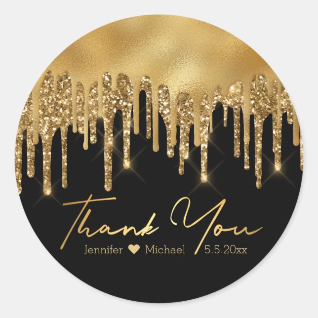  black gold dripping glitters thank you wedding   classic round sticker (Front)
