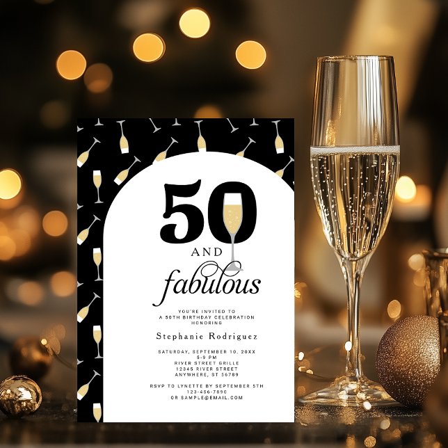 Black Gold Elegant 50 Fabuleux Invitation Annivers (Shown on a 5" x 7" card)