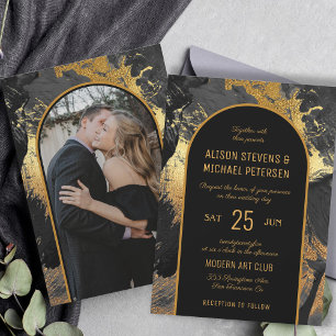 Black gold elegant abstract PHOTO wedding Invitation