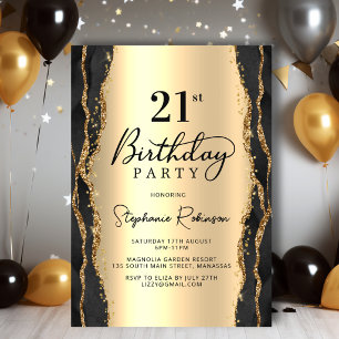 Black Gold Elegant Agate 21st Birthday Invitation