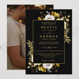 Black Gold Elegant Botanical Floral Photo Wedding Invitation