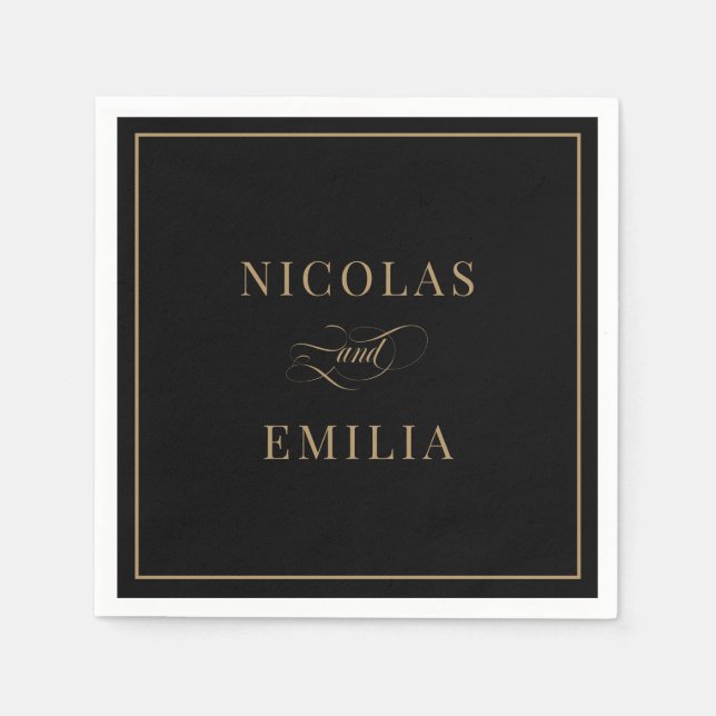Black Gold Elegant Calligraphy Wedding Napkin (Front)