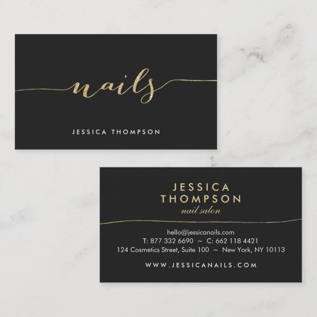 Black gold elegant faux glitter stylish nail salon business card (Front/Back)