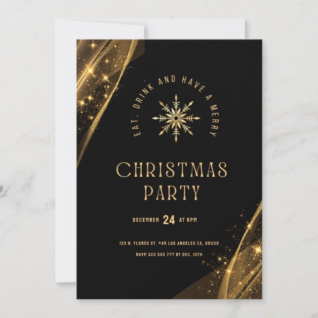 Black Gold Elegant Festive Christmas Party  Invitation (Front)