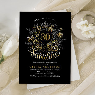 Black Gold Elegant Floral 80 & Fabulous Birthday Invitation