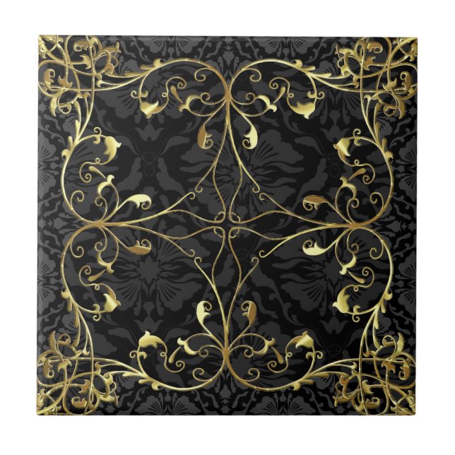 Black & Gold Elegant Floral Damask  Pattern 2 Tile (Front)