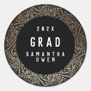 Black Gold Elegant Foil Botanicals Grad Envelope Classic Round Sticker
