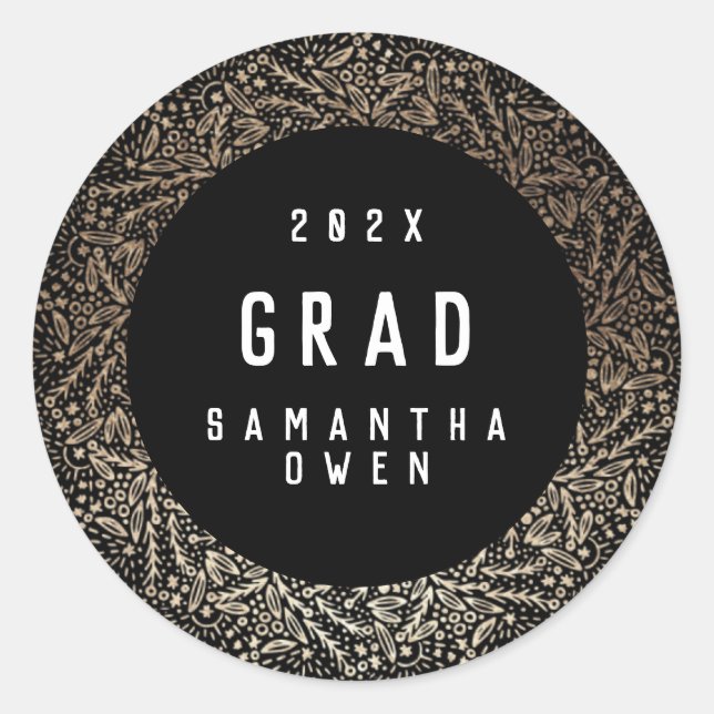 Black Gold Elegant Foil Botanicals Grad Envelope Classic Round Sticker (Front)