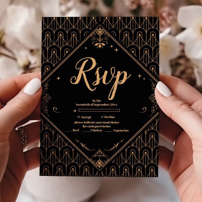 Black Gold Elegant Geometric Art Deco Wedding  RSVP Card (Creator Uploaded)