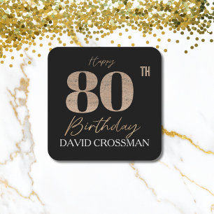 Black & Gold Elegant Glitter 80th Birthday  Square Paper Coaster