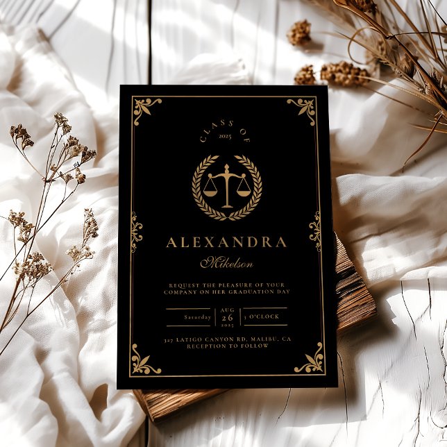 Black Gold Elegant Law School Graduation Invitation (Creator Uploaded)