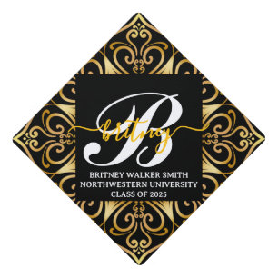 Black Gold Elegant Mandala Monogram  Graduation Cap Topper