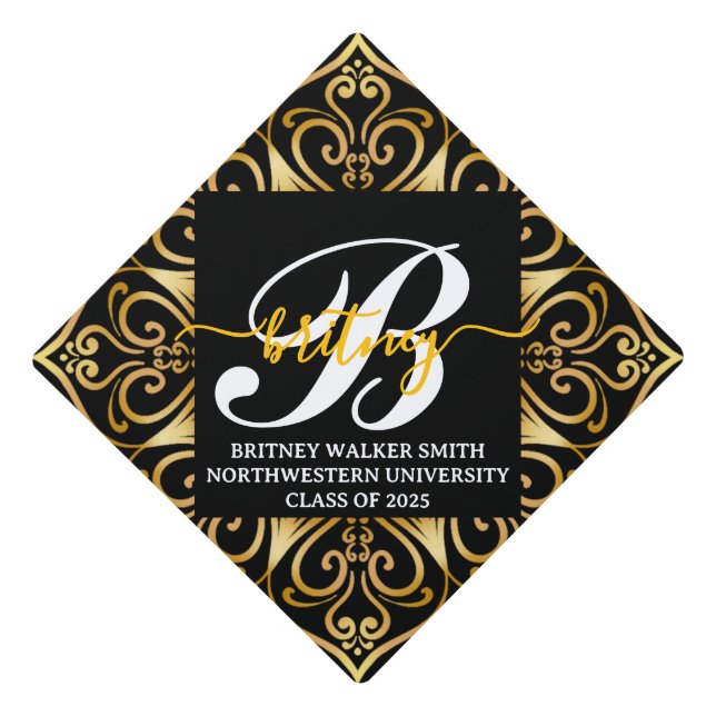 Black Gold Elegant Mandala Monogram  Graduation Cap Topper (Front)