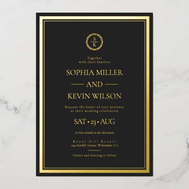 Black Gold Elegant Modern Monogrammed Wedding (Front)