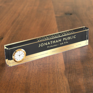 Black Gold Elegant Modern Template With Clock Glam Nameplate