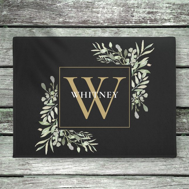 Black Gold Elegant Monogram Greenery Doormat (Creator Uploaded)