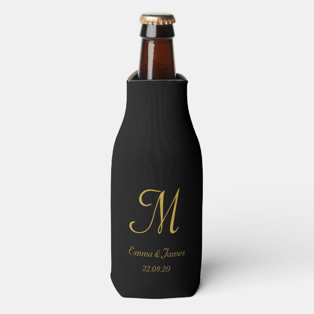 Black & Gold Elegant Monogram Script Party  Bottle Cooler (Bottle Front)