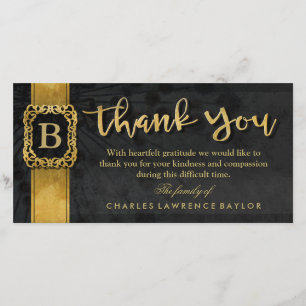 Black & Gold Elegant Monogram Sympathy Thank You Card