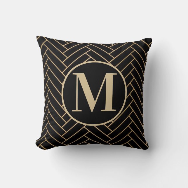 Black & Gold Elegant Monogram Throw Pillow  (Front)