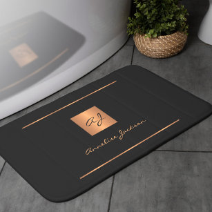 Black gold elegant monogrammed name modern bath mat