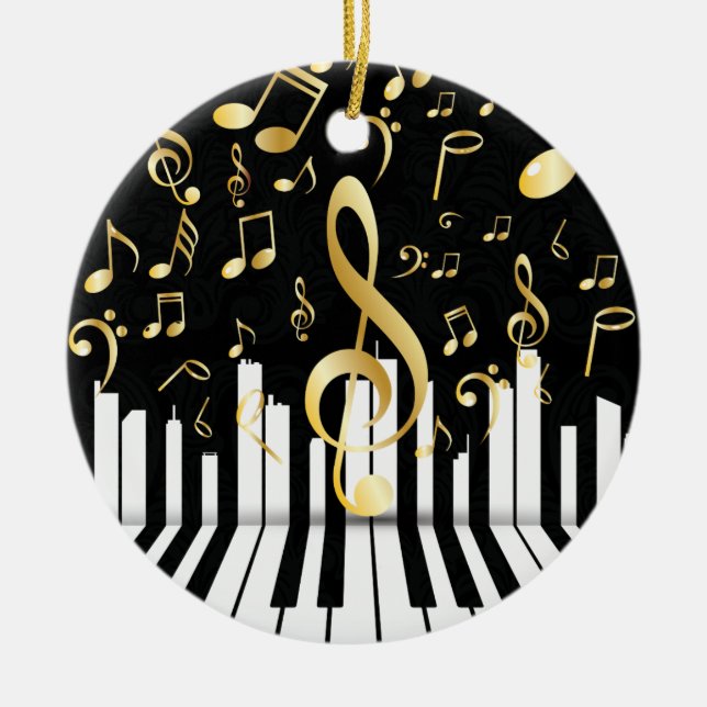 Black Gold Elegant Music Note piano keys Ceramic Ornament (Front)