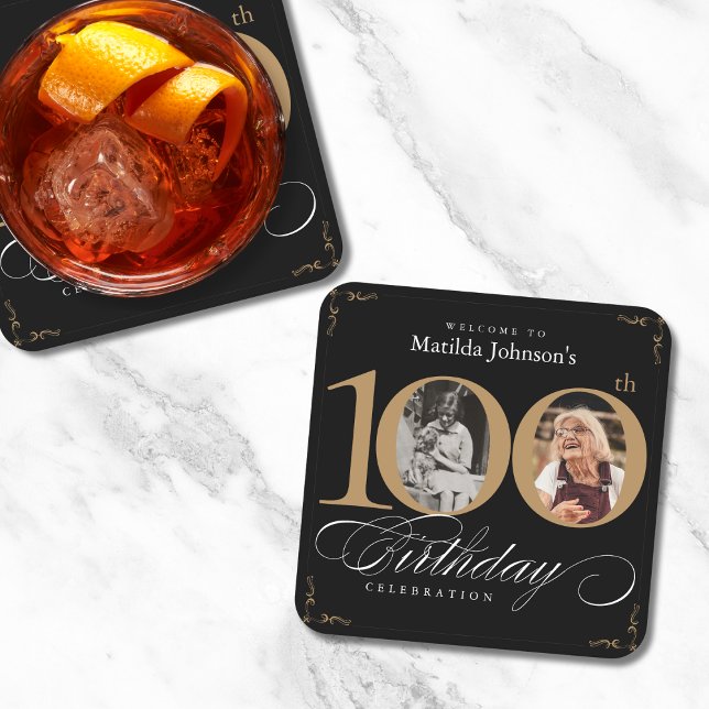 Black Gold Elegant Photo 100th Birthday Party Square Paper Coaster (Mockup View)