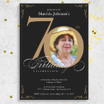 Black Gold Elegant Photo 70th Birthday Party Invitation<br><div class="desc">Black Gold Elegant Photo 70th Birthday Party Invitation. An elegantly designed special birthday celebration invitation,  featuring a custom photo of birthday person and script calligraphy with vintage flourish elements. Simple enough to fit a variety of themes and colors!
Need help? Simply contact me!</div>