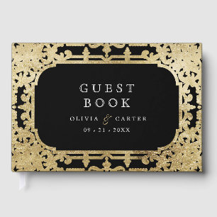 Black gold elegant romantic vintage wedding guest book