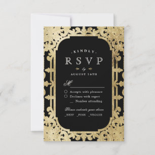 Black & gold elegant romantic vintage wedding RSVP
