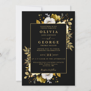 Black Gold Elegant Rustic Floral QR Code Wedding Invitation