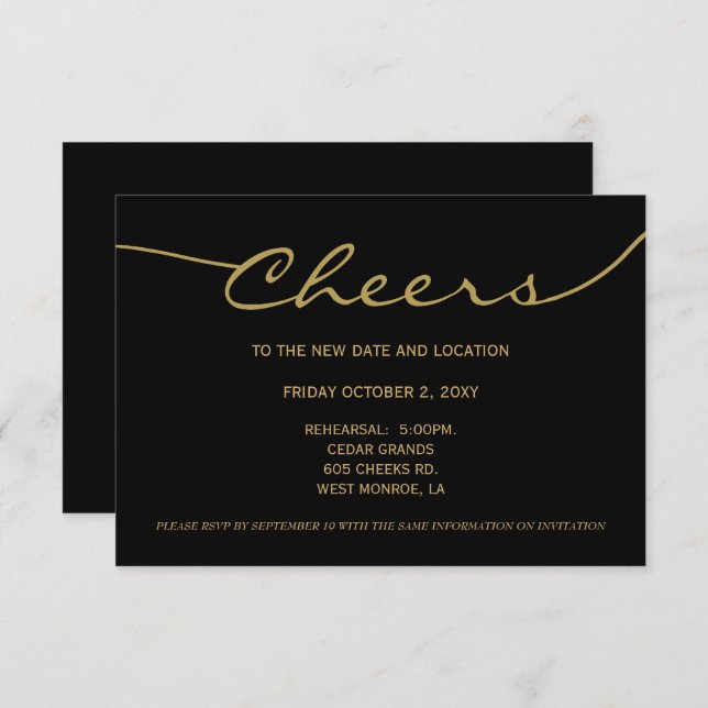 black gold Elegant Script change date Invitation (Front/Back)