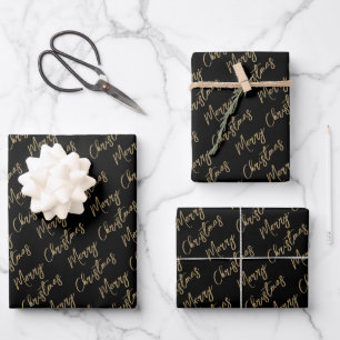 Black Gold Elegant Script Merry Christmas Wrapping Paper Sheet