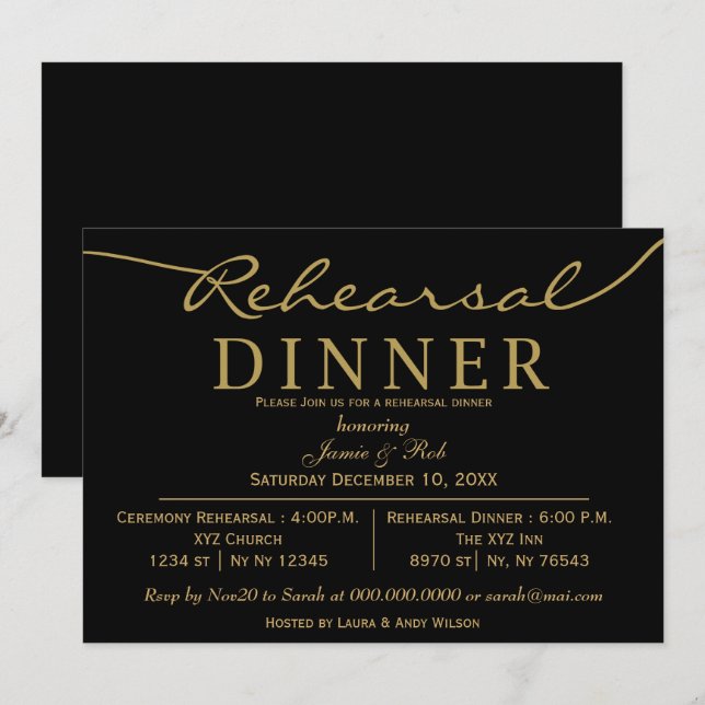 black gold Elegant Script Rehearsal Dinner  Invitation (Front/Back)
