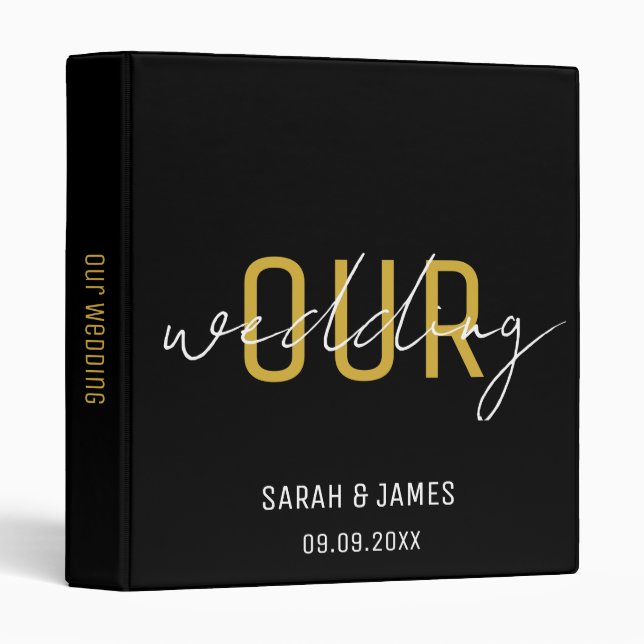 Black & Gold Elegant Script Wedding Custom   Binder (Front/Spine)
