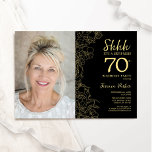 Black Gold Elegant Surprise Photo 70th Birthday Invitation<br><div class="desc">Floral black and gold surprise 70th birthday party invitation with your photo on the front of the card. Elegant modern design featuring botanical outline drawings accents and typography script font. Simple trendy invite card perfect for a stylish female bday celebration. Can be customized to any age. Printed Zazzle invitations or...</div>