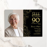 Black Gold Elegant Surprise Photo 90th Birthday Invitation<br><div class="desc">Floral black and gold surprise 90th birthday party invitation with your photo on the front of the card. Elegant modern design featuring botanical outline drawings accents and typography script font. Simple trendy invite card perfect for a stylish female bday celebration. Can be customized to any age. Printed Zazzle invitations or...</div>