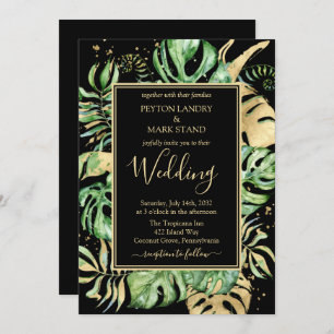 Black & Gold Elegant Tropical Foliage Wedding Invitation