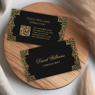 Black Gold Elegant Vintage Antique Script QR Code Business Card