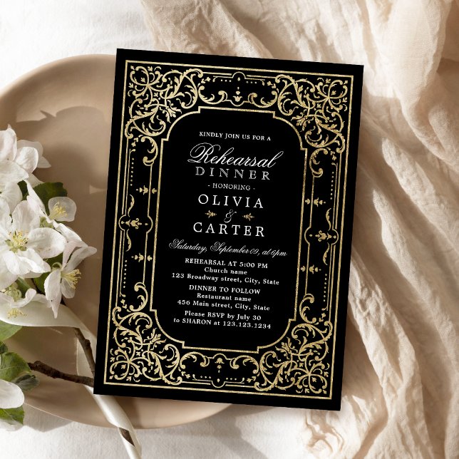 Black & gold elegant vintage rehearsal dinner invitation (Black & gold elegant vintage rehearsal dinner invitation)