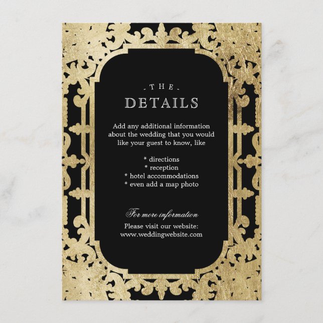 Black & gold elegant vintage wedding details enclosure card (Front)