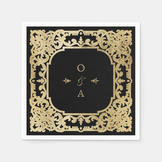Black & gold elegant vintage wedding monogram napkin (Front)