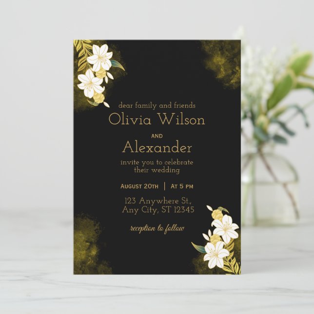 Black Gold Elegant Wedding Invitation (Standing Front)