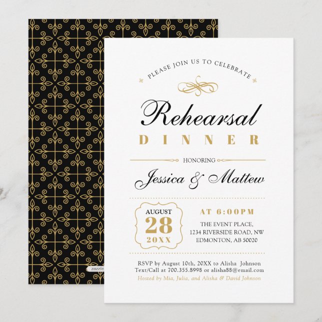 Black & Gold | Elegant Wedding Rehearsal Dinner Invitation (Front/Back)